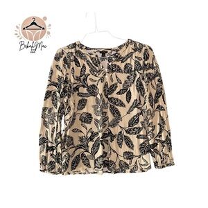 Ann Taylor Factory L Beige/Black Floral Viscose-Linen Long Sleeve Blouse Top